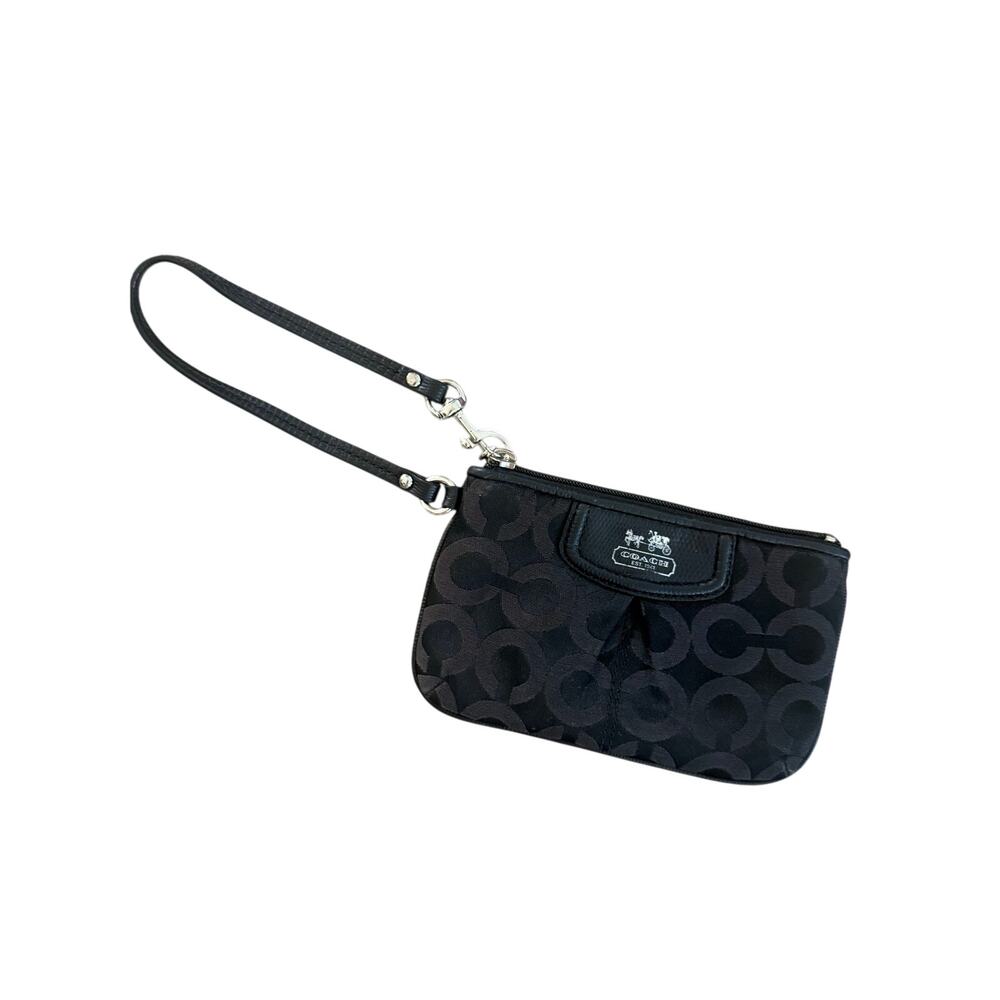Coach Black Madison Op Art Sateen Small Wristlet Monogram Canvas Pouch Clutch